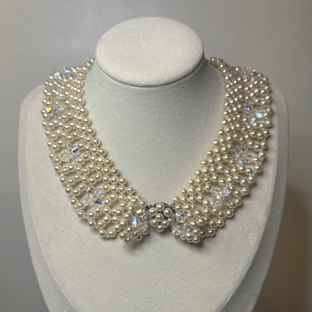 Aurora Borealis Glass Faux Pearl Collar Choker 16” Necklace